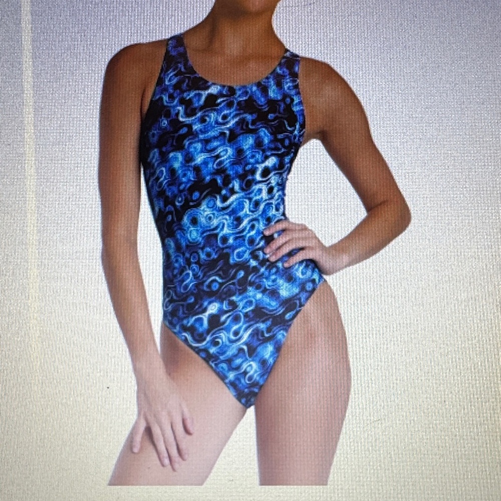 Women's Blue Swirl One-Piece Swimsuit by iSwim. Wide Strap.